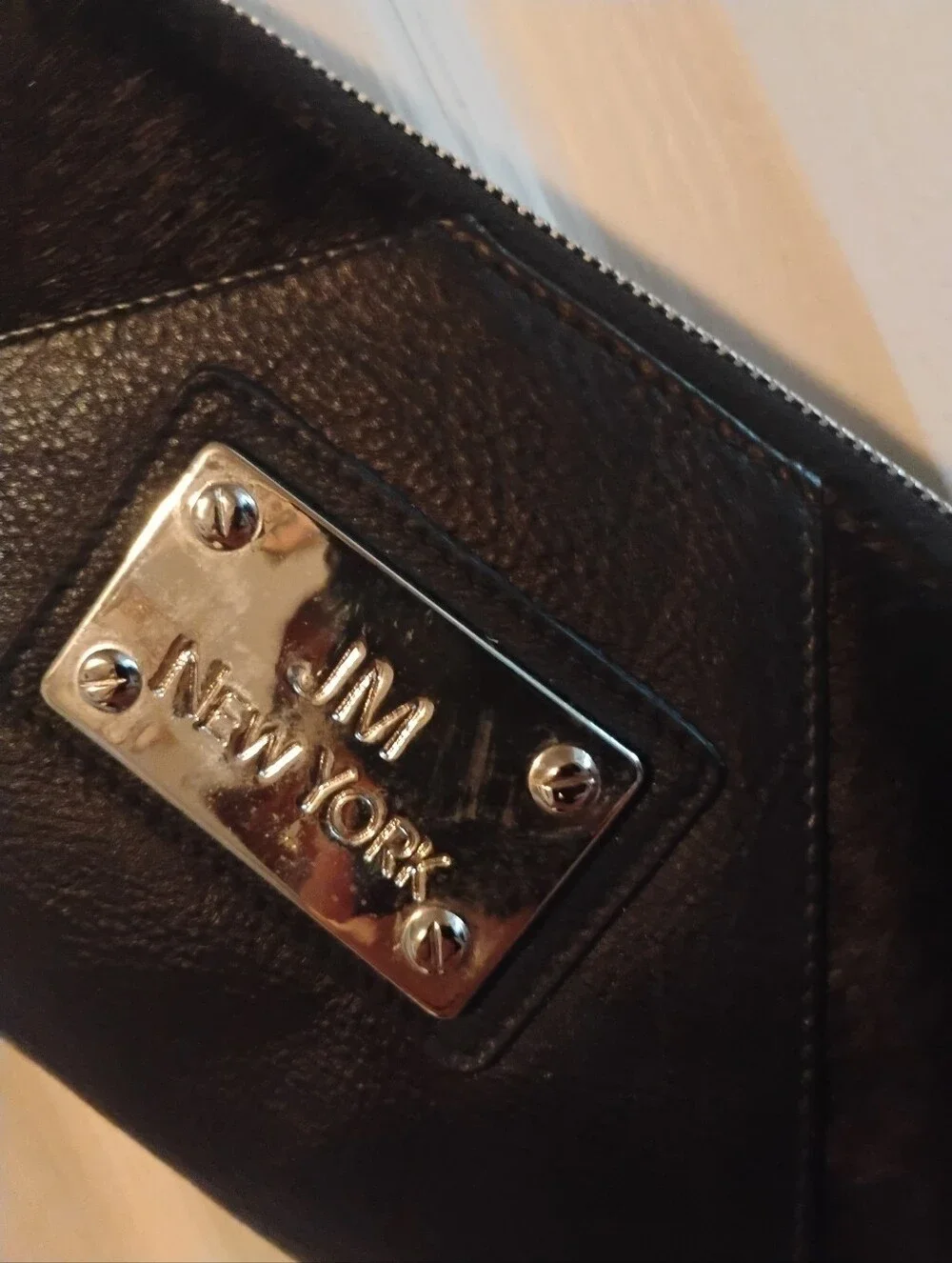 JM New York Black Mixed Media Leather & Pony Hair Zip-Around Wristlet Wallet